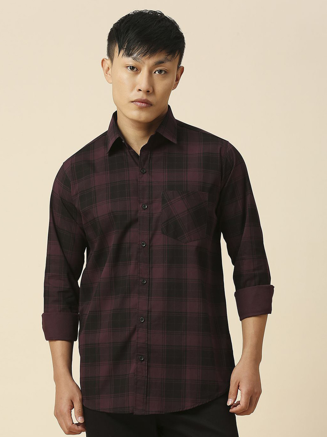 

TRYBUY.IN Men Spread Collar Tartan Checks Checked Cotton Casual Shirt, Purple