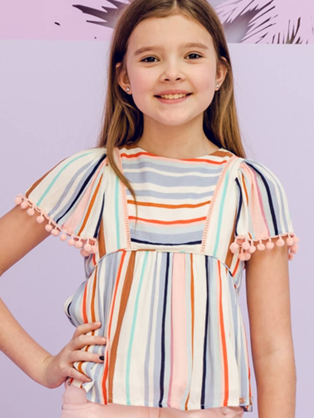 

One Friday Vertical Striped Round Neck Pure Cotton Top, Pink