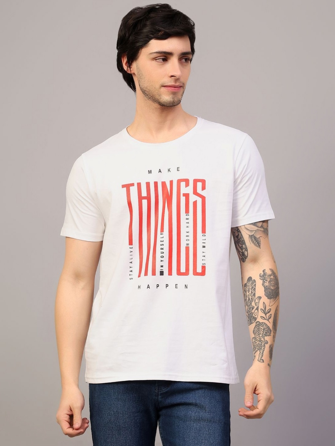 

MANTICORE Men Typography Printed Round Neck Cotton T-shirt, White