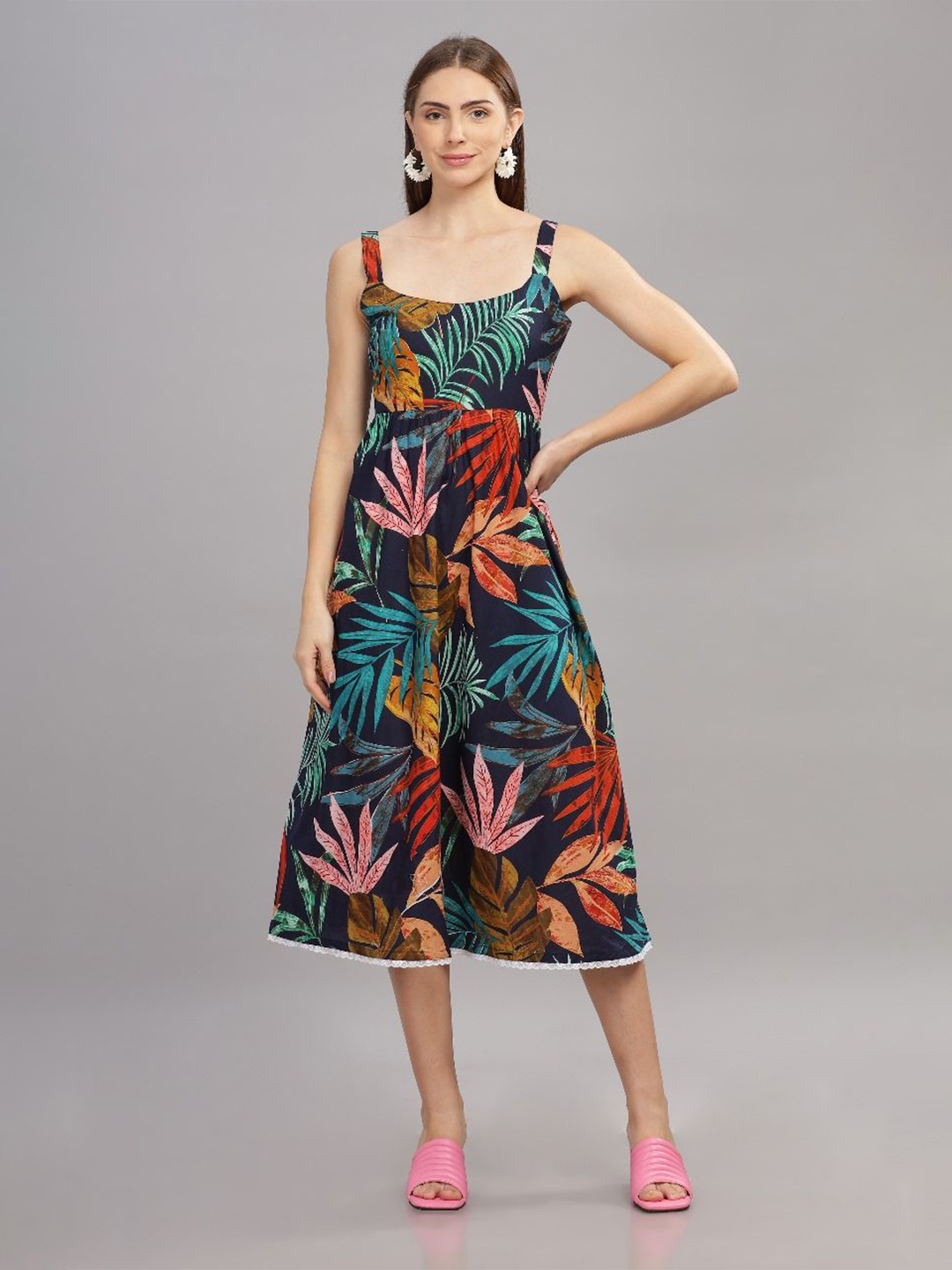 

THE VASILIKI Tropical Printed Sleeveless Cotton Fit & Flare Midi Dress, Navy blue