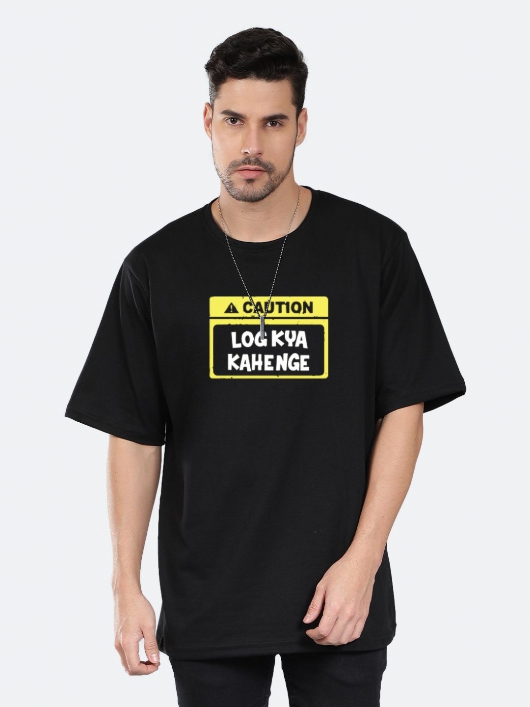 

Mad Over Print Men Typography Printed Round Neck Cotton Oversized T-shirt, Black