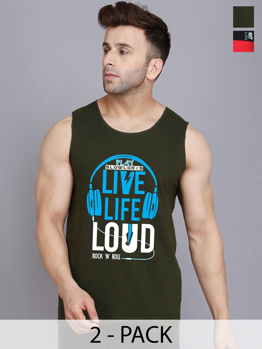 

SLOWLORIS Pack Of 2 Men Printed Round Neck Sleeveless Gym Vests, Olive