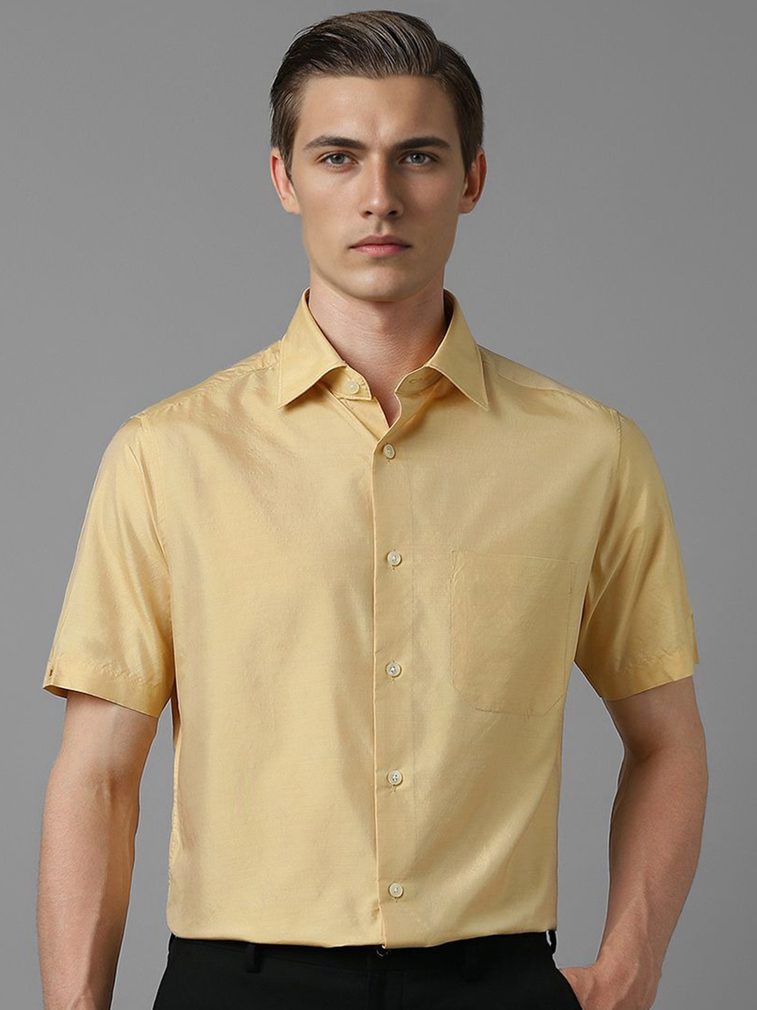 

Louis Philippe Men Classic Spread Collar Solid Silk Formal Shirt, Yellow