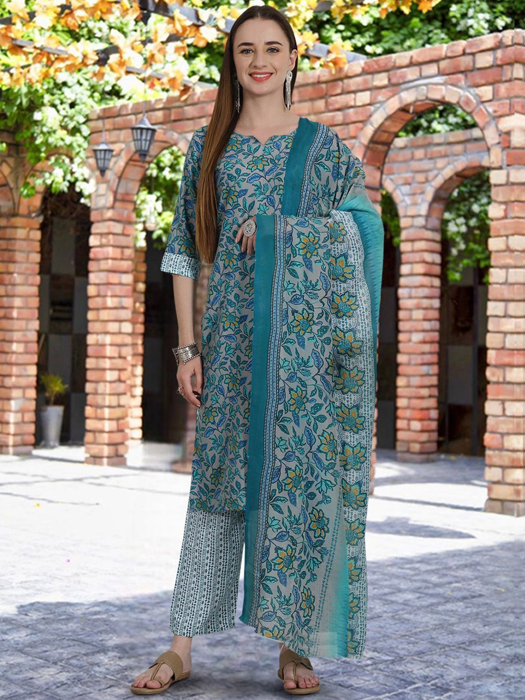 

Ethnic basket Floral Printed Pure Cotton Straight Kurta With Trousers & Dupatta, Grey melange