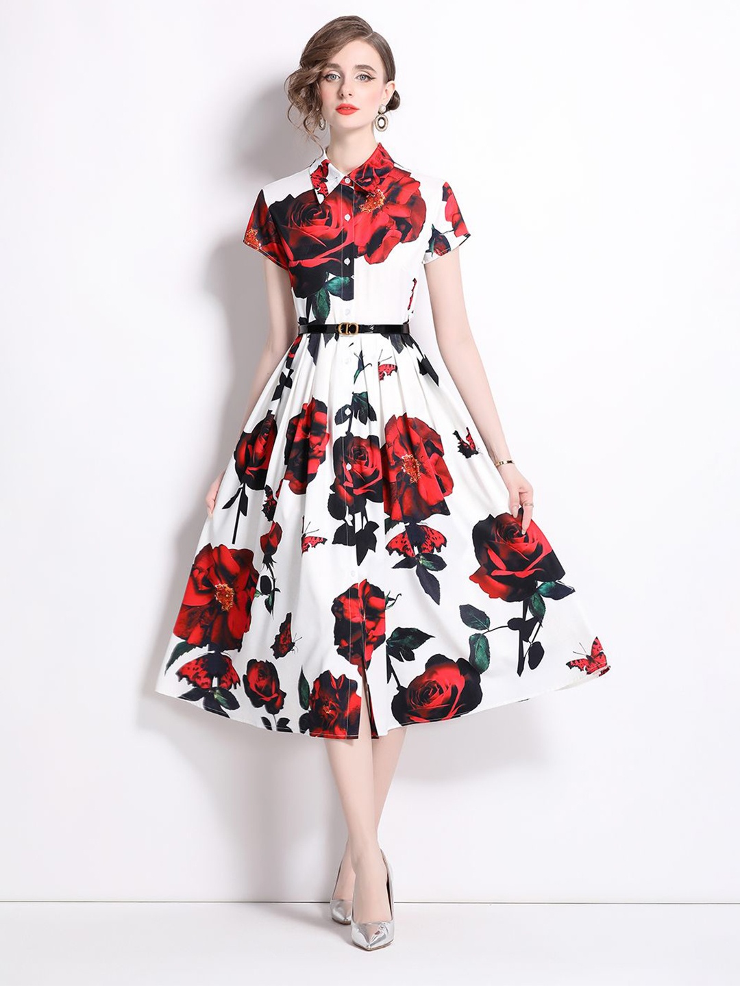 

JC Collection Floral Printed Shirt Collar Belted Fit & Flare Midi Dress, White