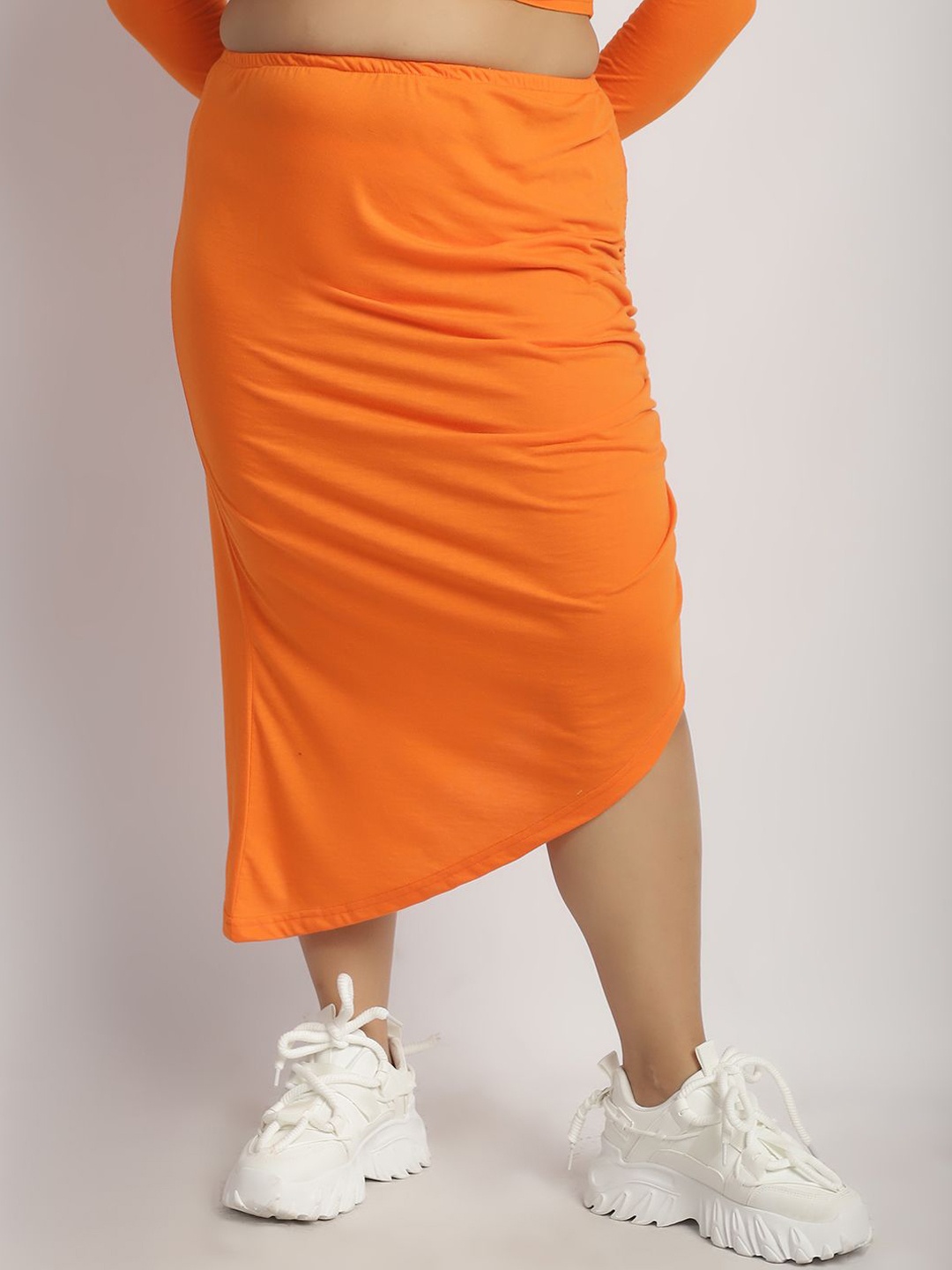 

thkgrlz Women Straight Asymmetric Hem Midi Pencil Skirts, Orange