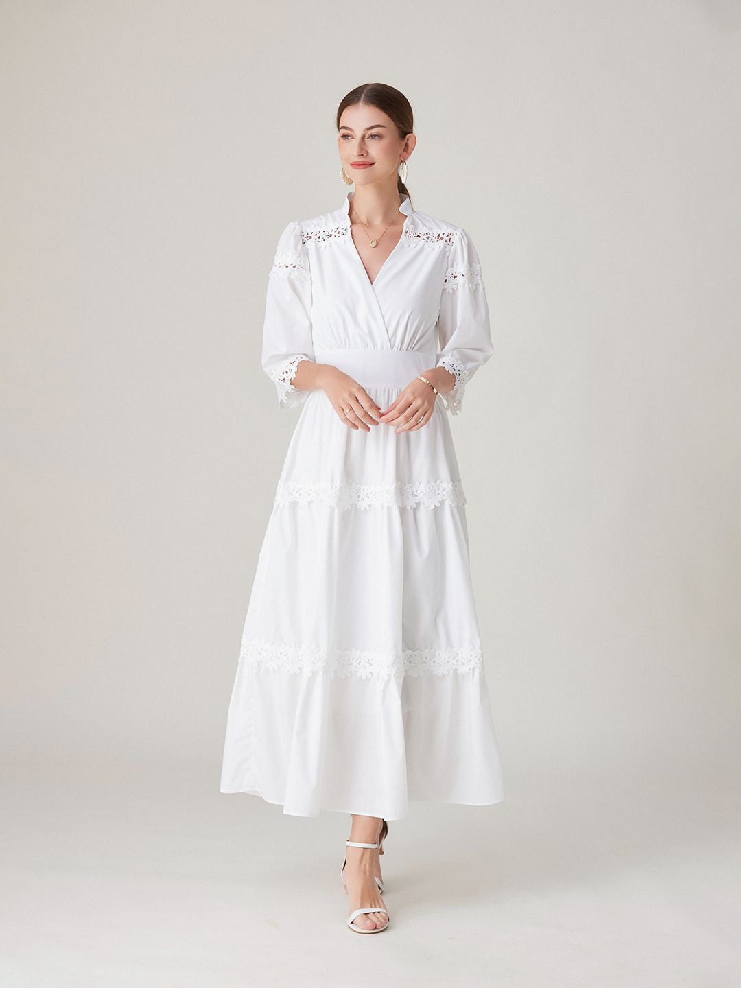 

JC Collection Embroidered Mandarin Collar Schiffli Wrap Midi Dress, White