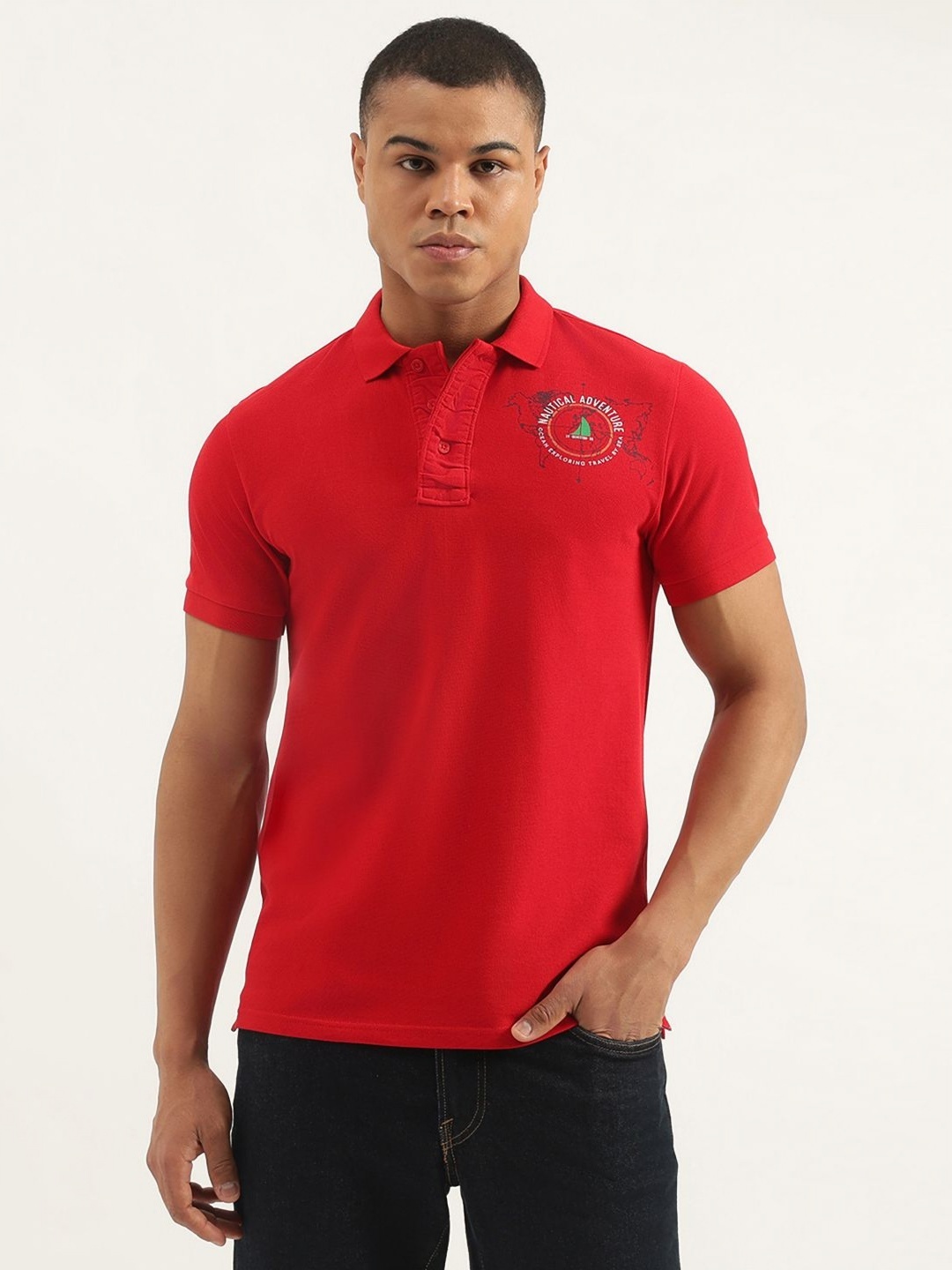 

United Colors of Benetton Men Polo Collar Pure Cotton Applique T-shirt, Red