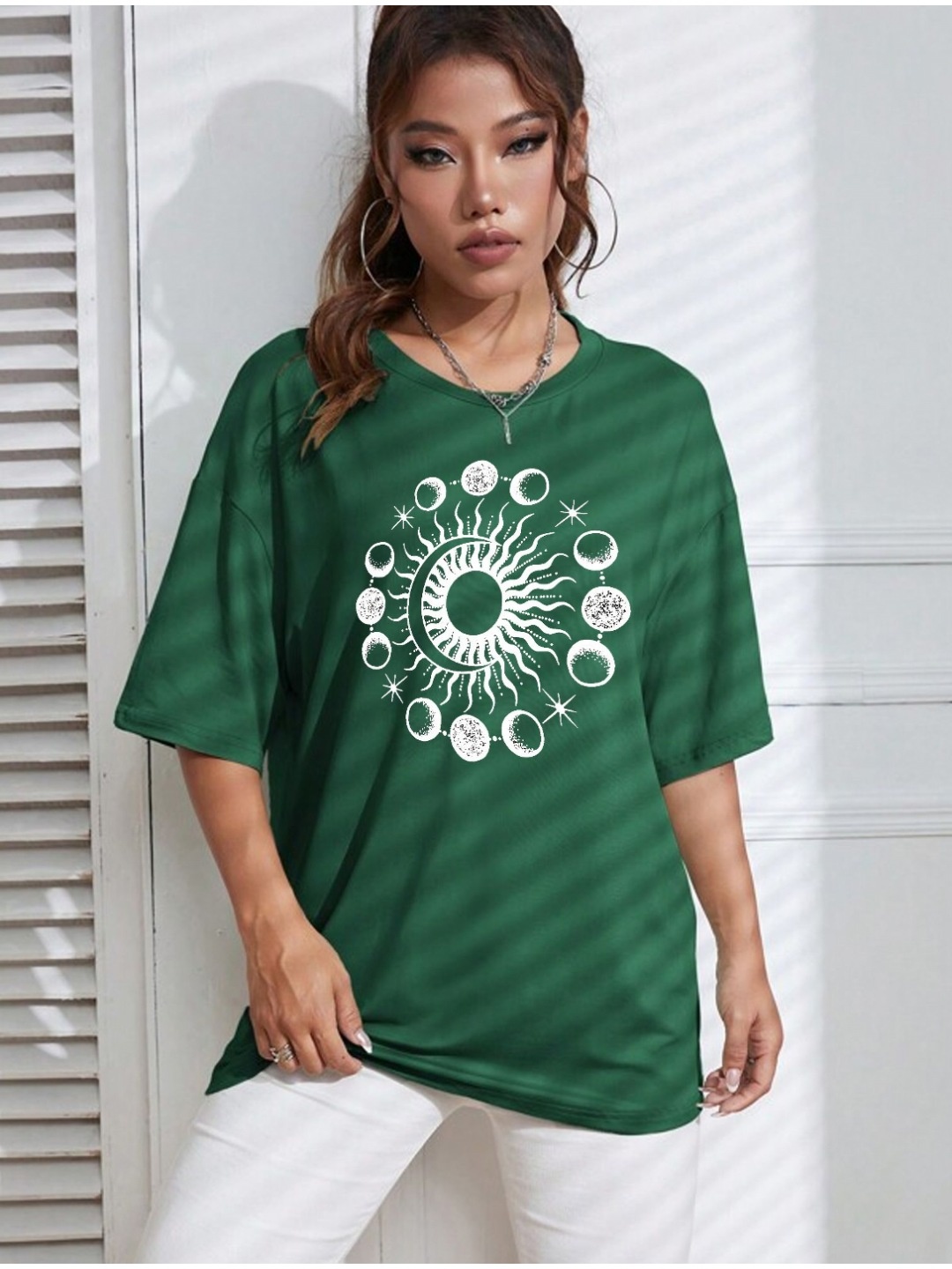 

TABADTOD Women Graphic Printed Drop Shoulder Sleeves Oversized T-shirt, Green