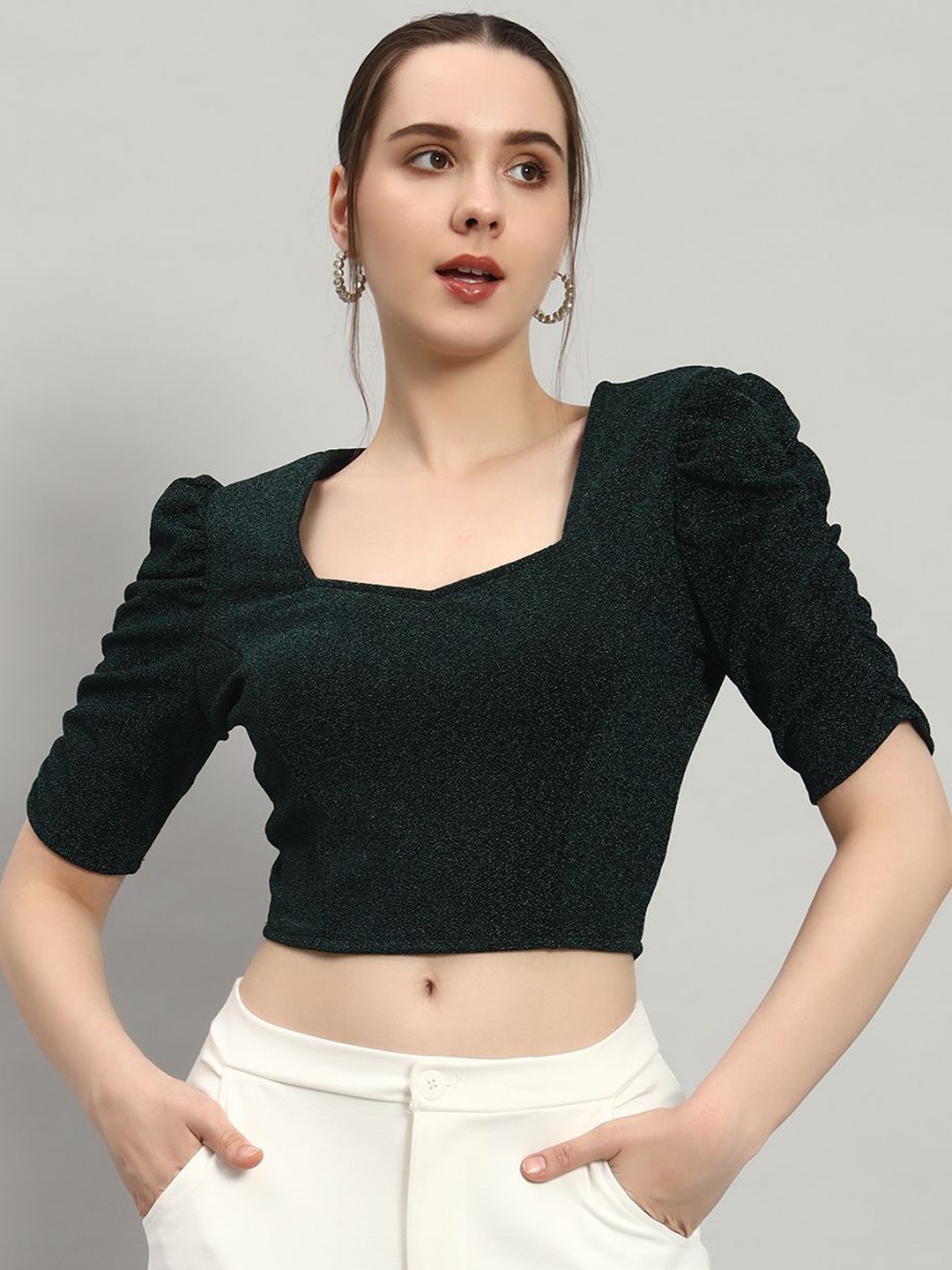 

VAARARO Square Neck Puff Sleeve Crop Top, Green