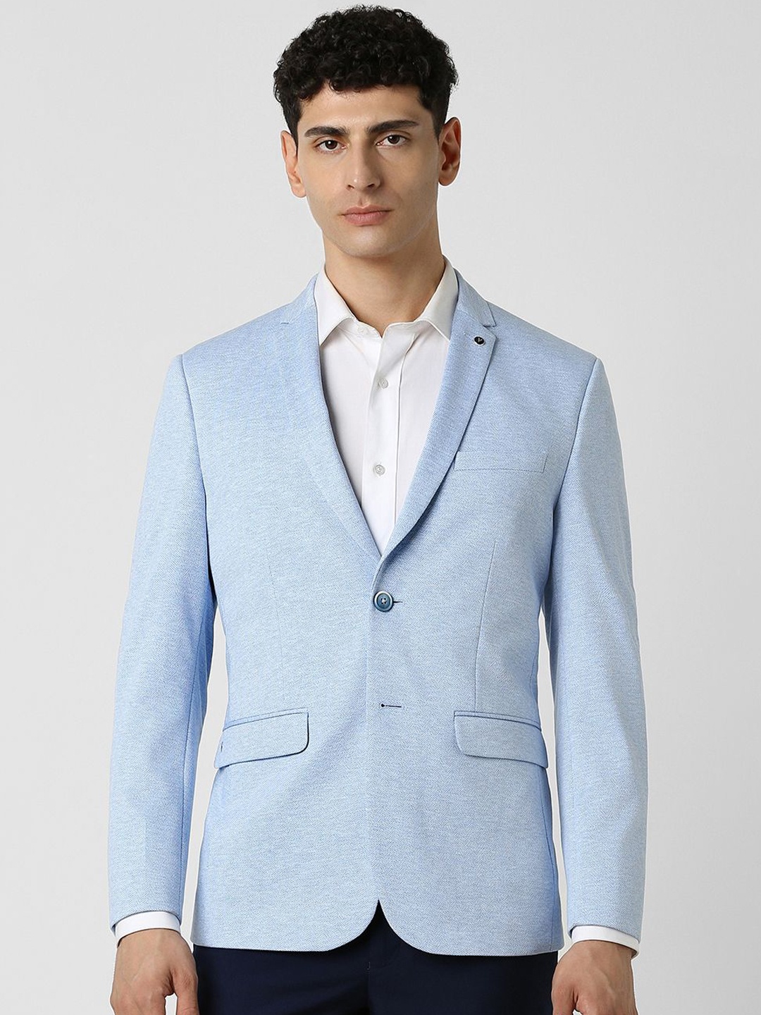 

Van Heusen Self Design Notched Lapel Super Slim Fit Single Breasted Blazers, Blue