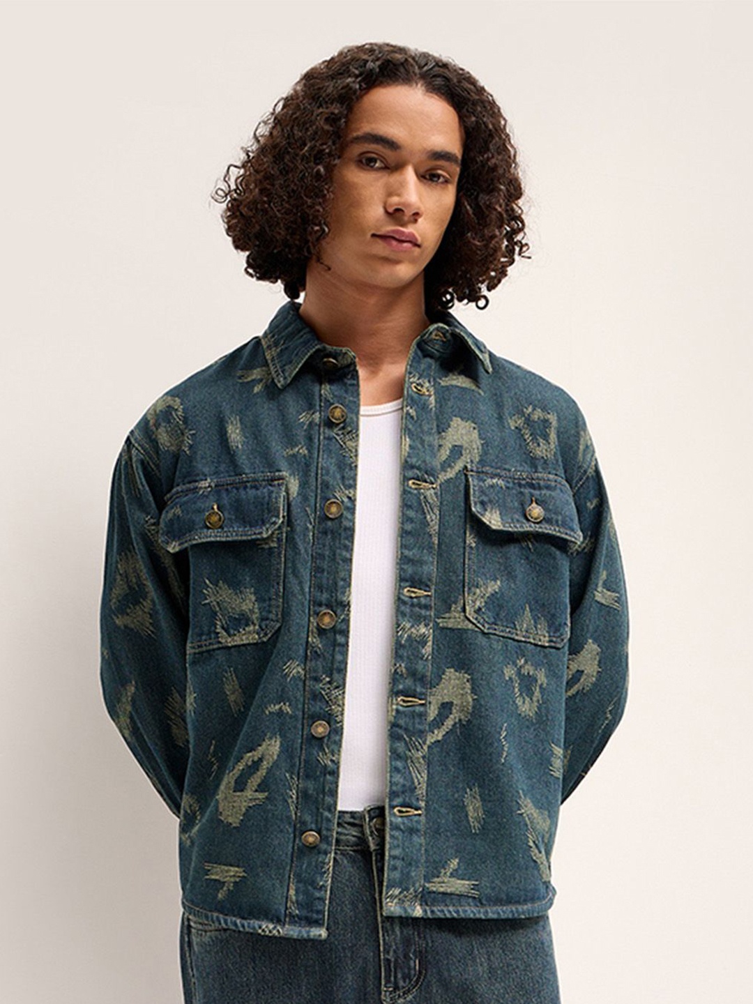 

THE BEAR HOUSE Men Abstract Printed Denim Jacket, Blue