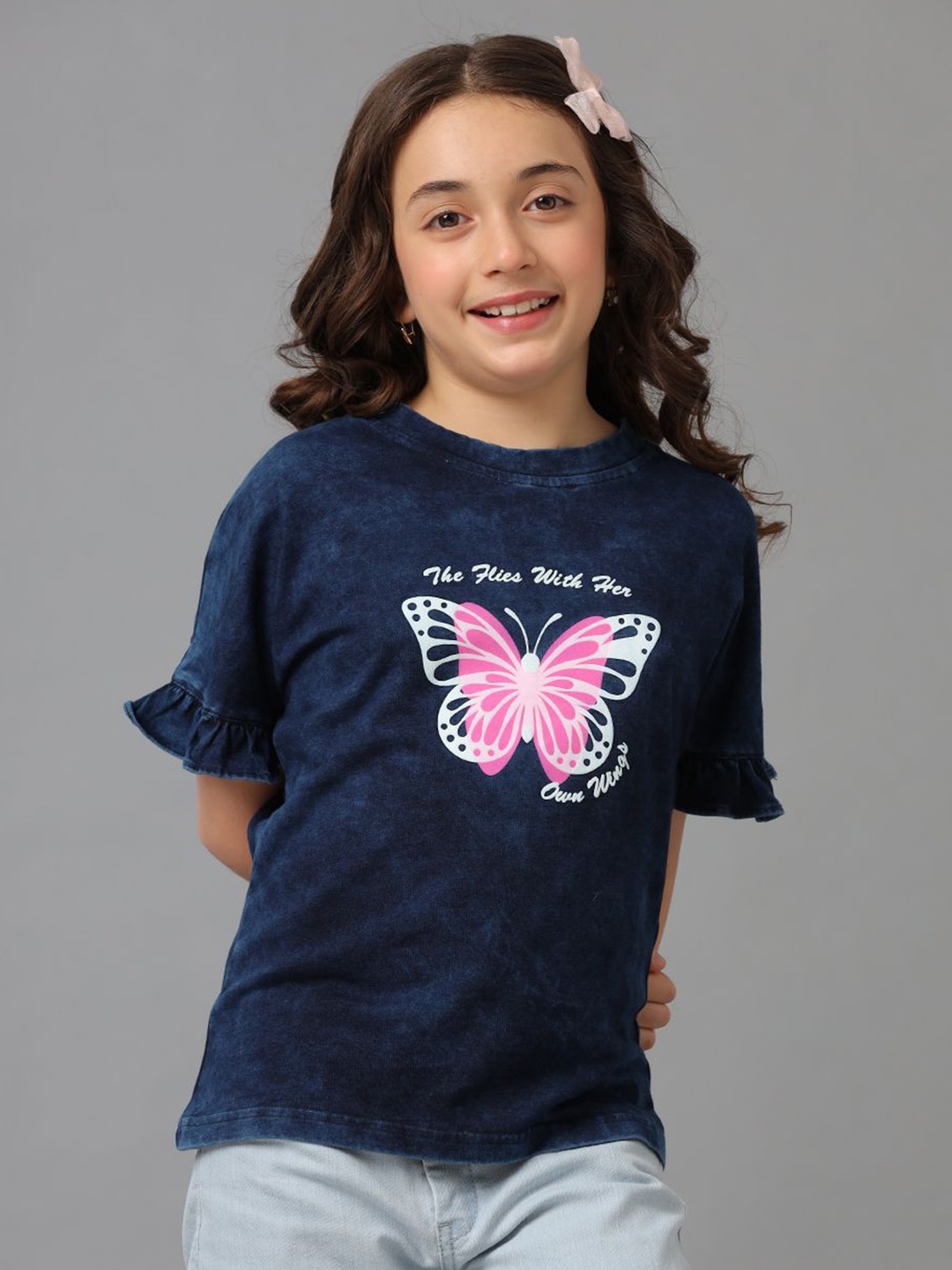 

UNDER FOURTEEN ONLY Girls Floral Pockets T-shirt, Navy blue