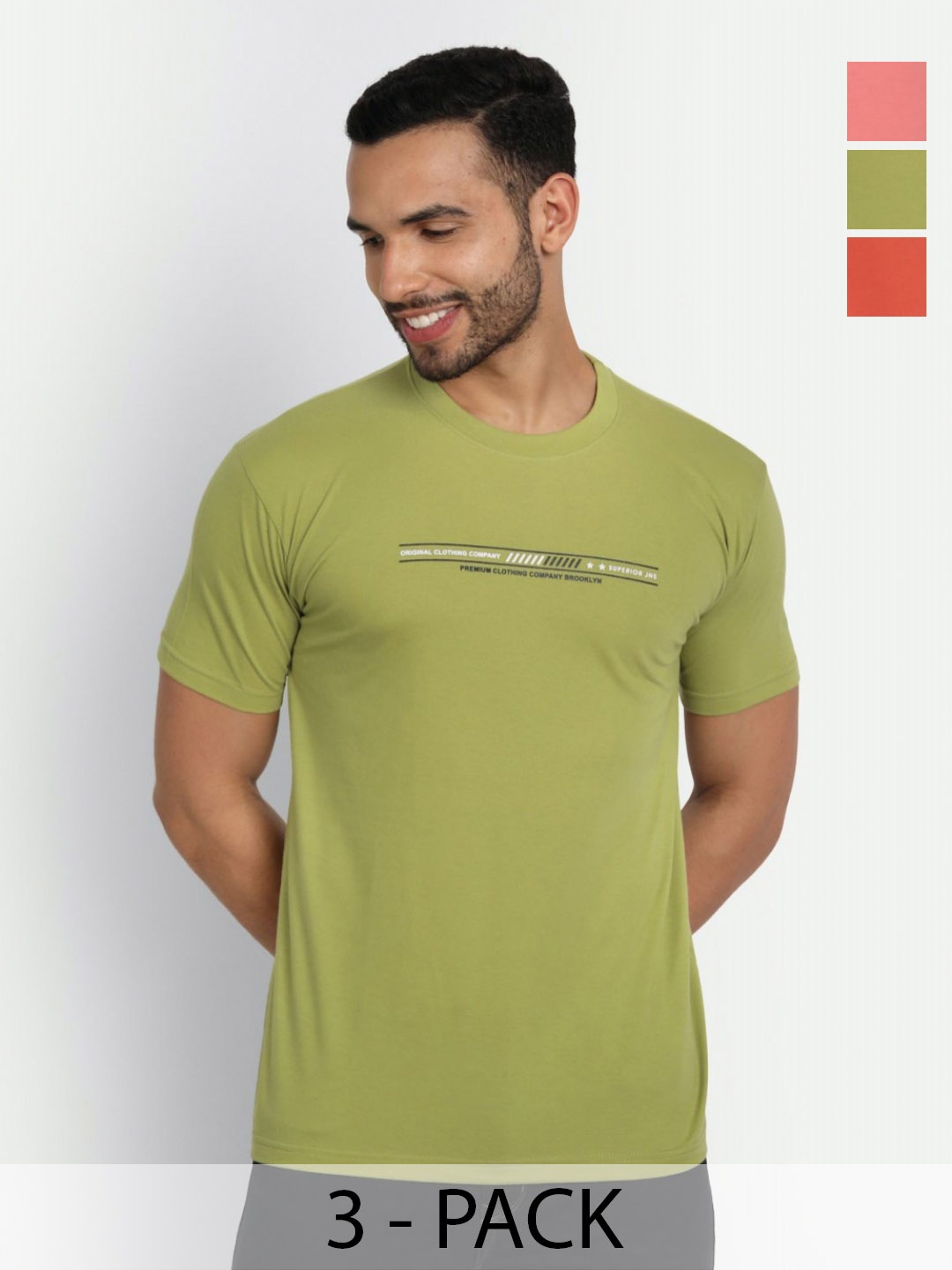 

ZEFFIT Men Pack Of 3 Typography Printed Round Neck Cotton T-shirts, Olive