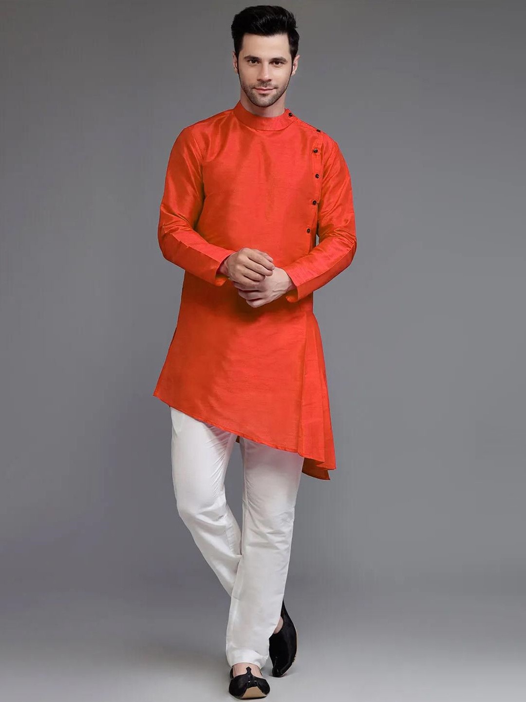 

Utsav Fashion Band Collar Angrakha Straight Kurta with Trousers, Rust