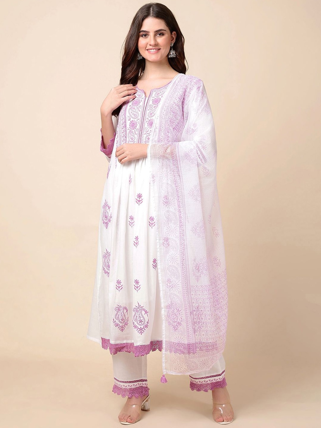 

Meena Bazaar Paisley Printed Sequinned Anarkali Kurta With Trousers & Dupatta, Purple