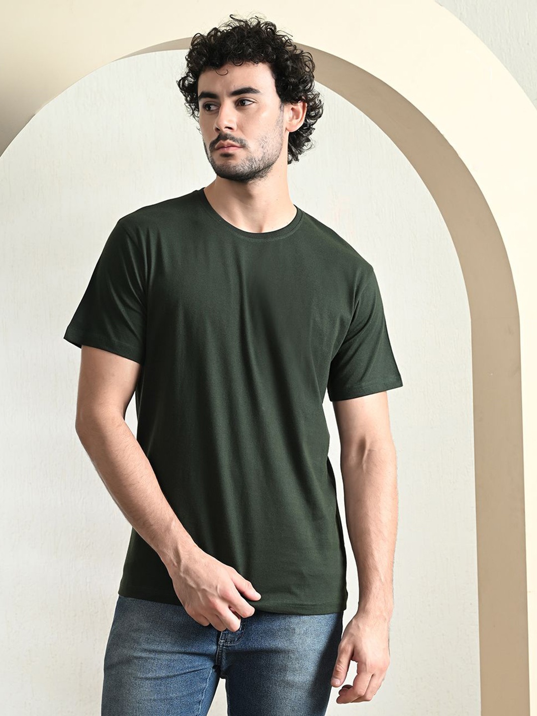 

FITINC Men Bio Finish Solid Round Neck Cotton T-shirt, Green
