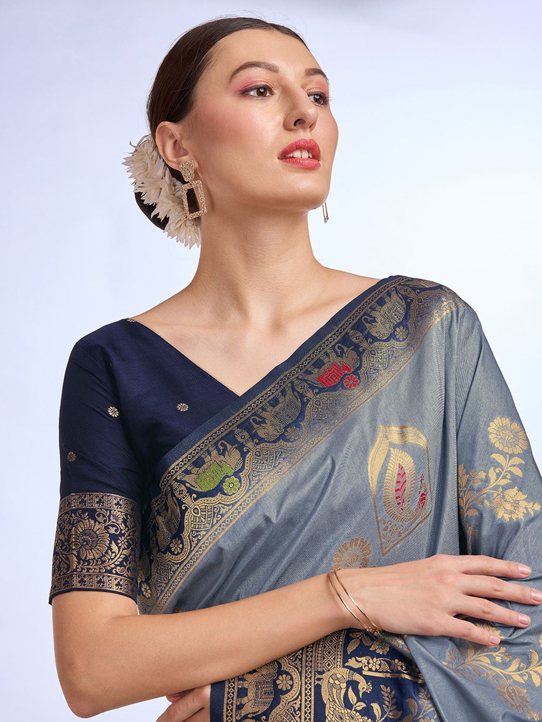 

Mitera Woven Design Zari Pure Silk Banarasi Saree, Grey