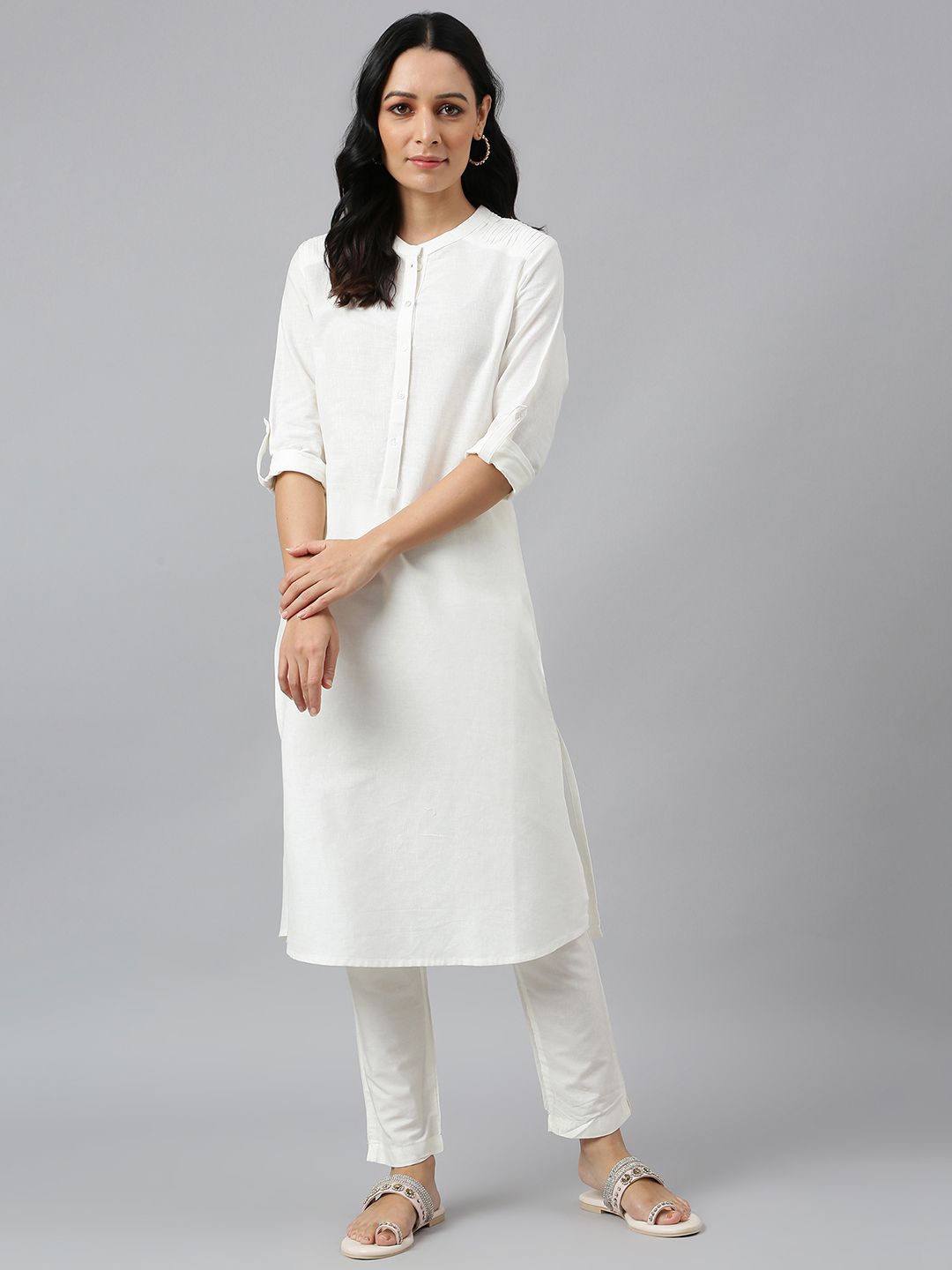 

W Band Collar Roll Up Sleeves Straight Kurta, White