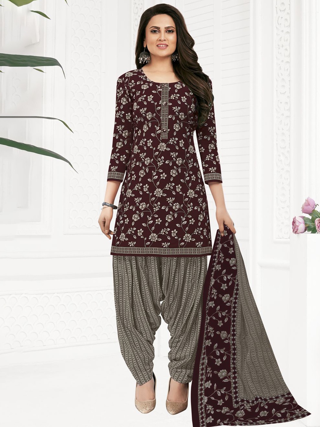 

MIRAAN Printed Pure Cotton Unstitched Dress Material, Maroon