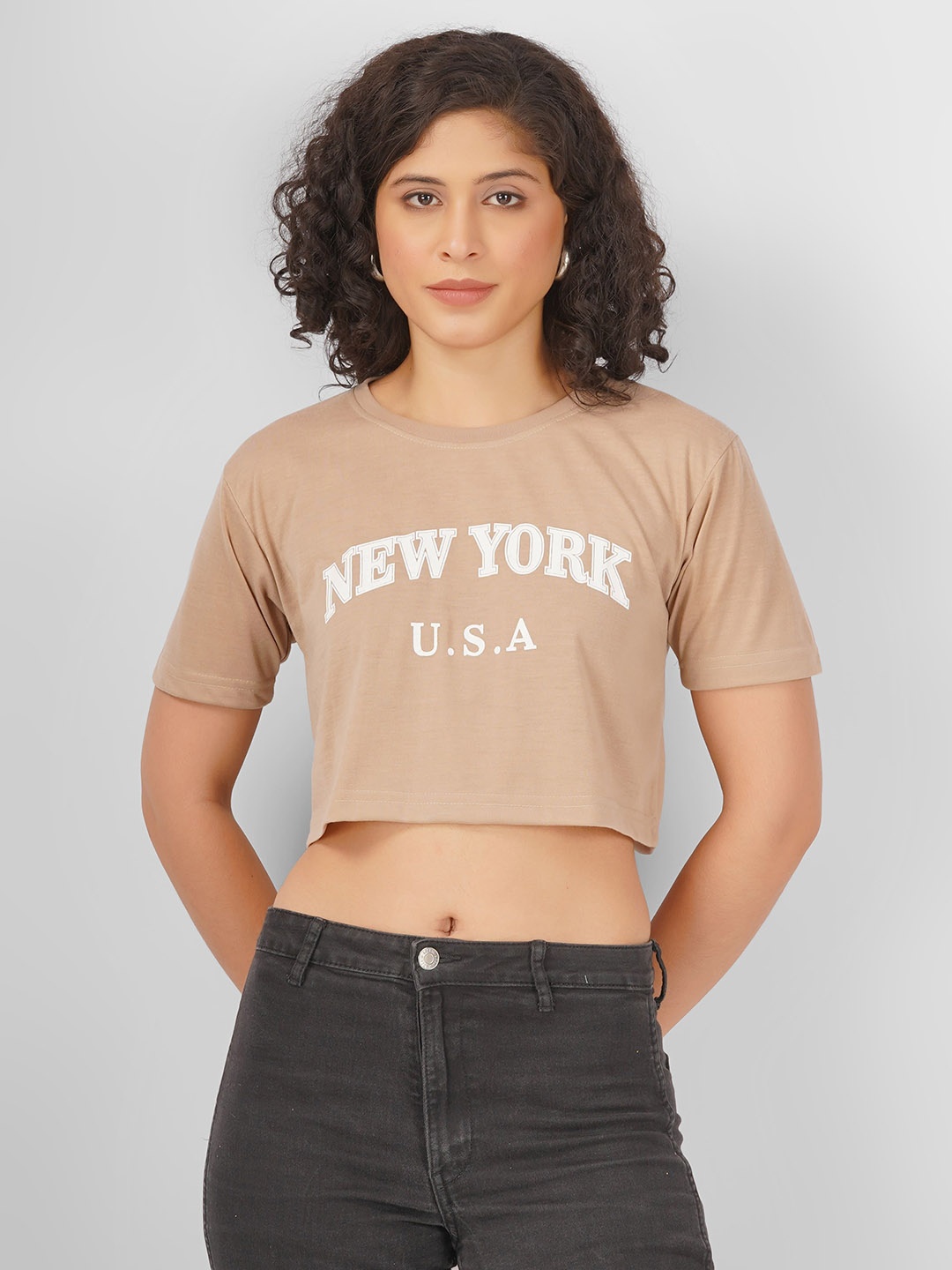 

MIMID Women Printed Round Neck Cotton T-shirt, Brown