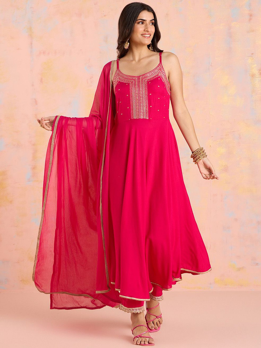 

Likha Floral Embroidered Anarkali Kurta With Trousers & Dupatta, Fuchsia