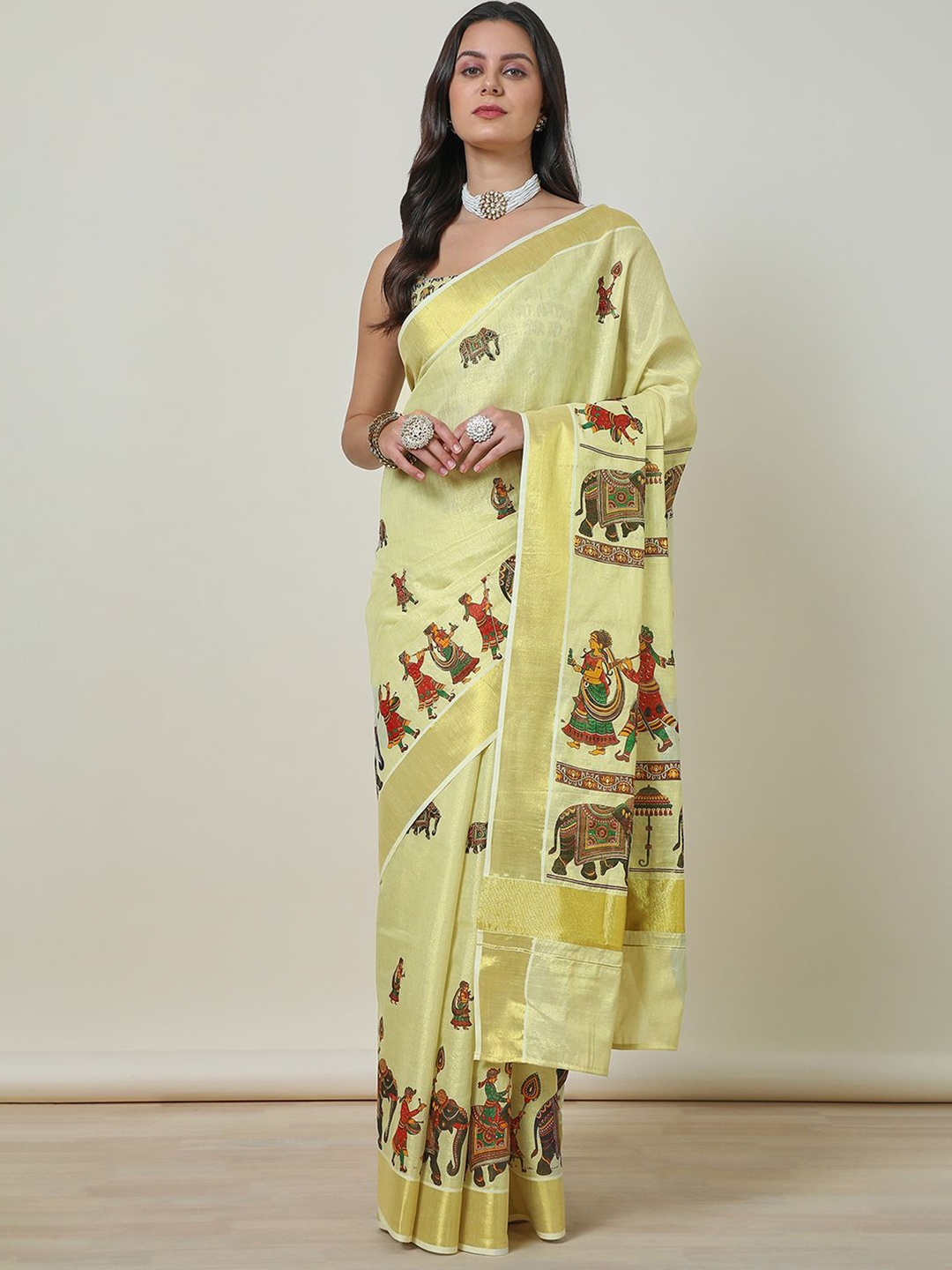 

Soch Women Tissue Kasavu Saree, Cream