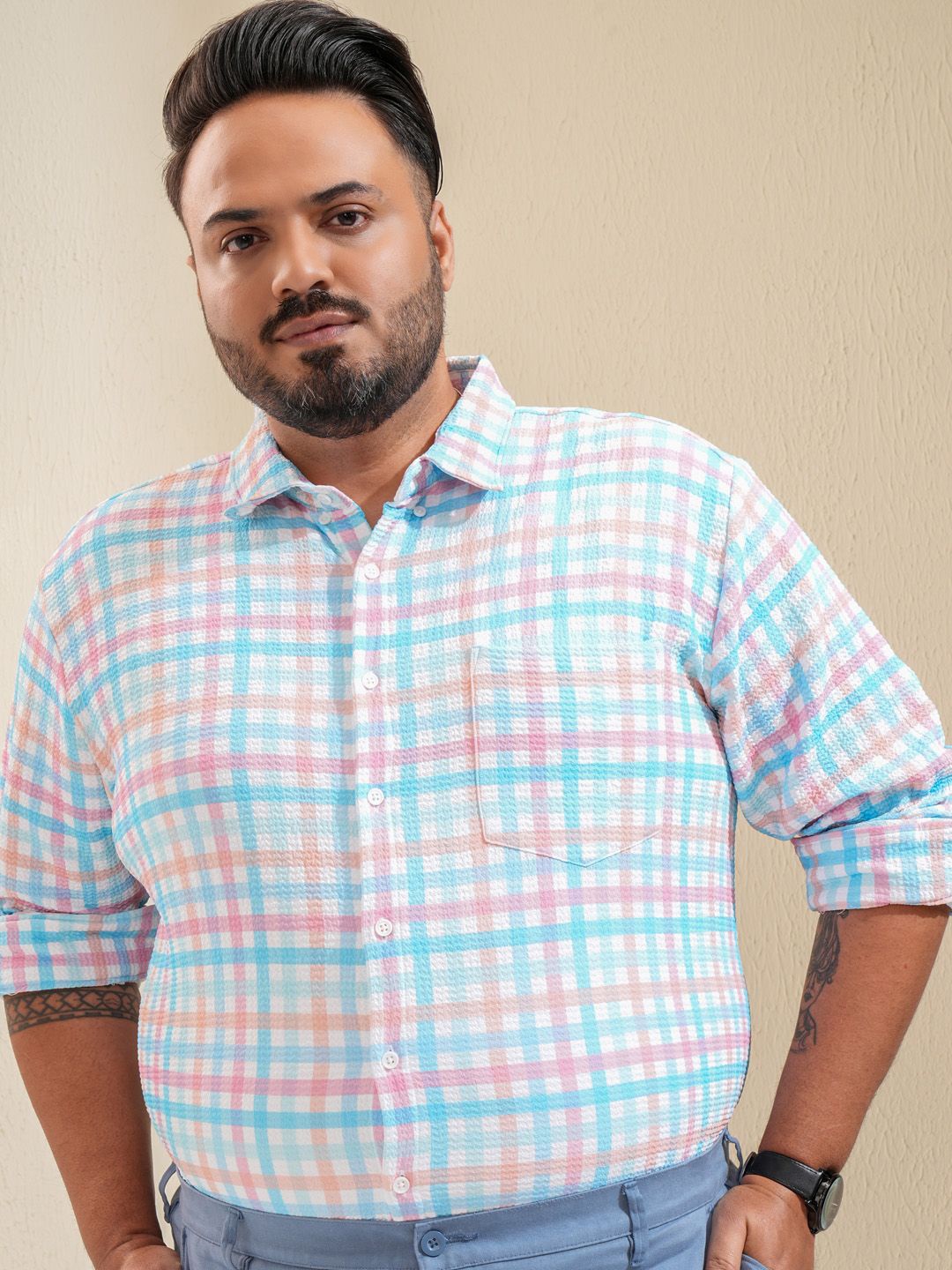 

HIGHLANDER Men Knitted Plus Size Regular Fit Shirt, Multi