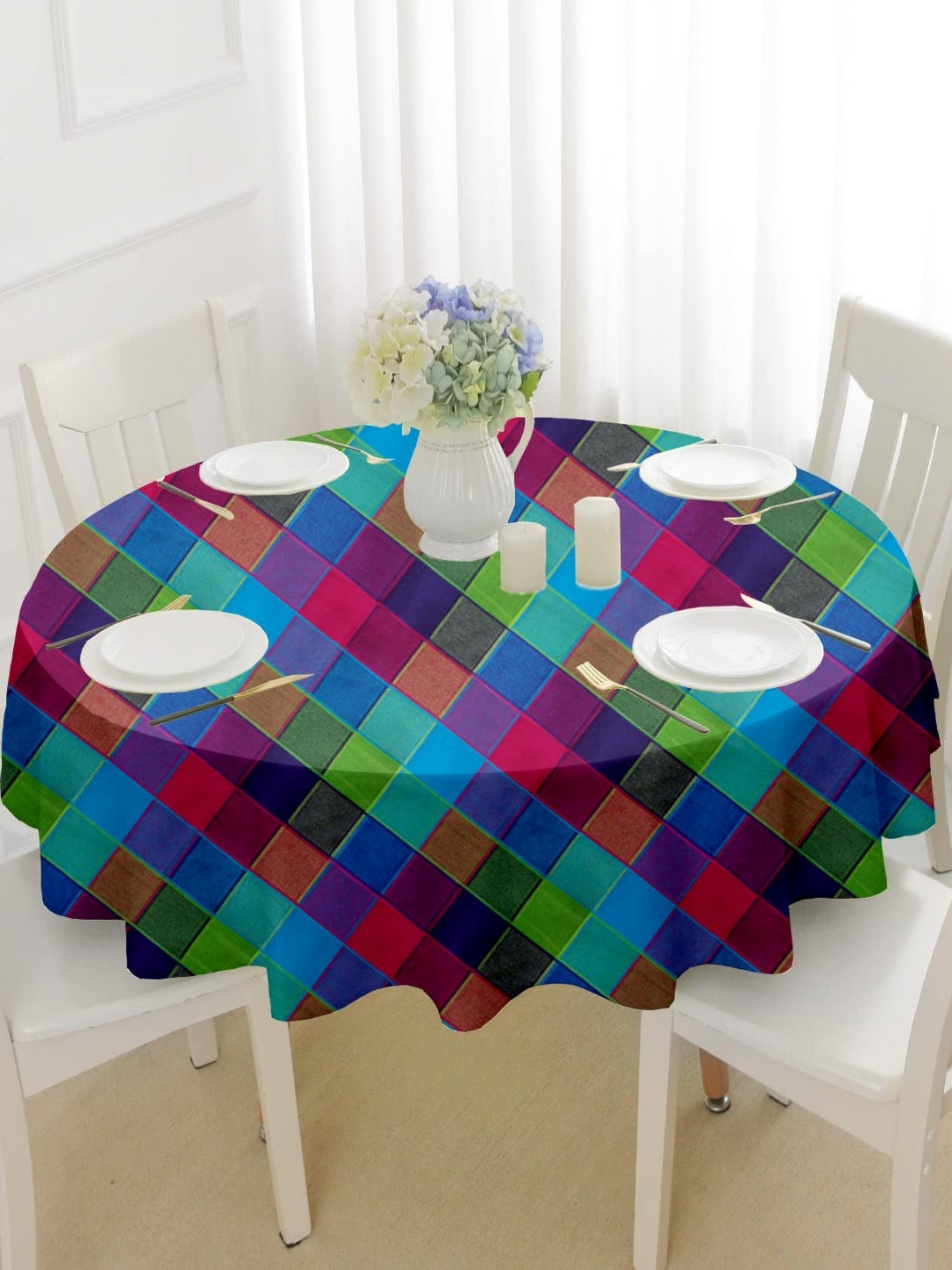 

Lushomes Blue & Pink Geometric Printed Round 8-Seater Table Linen Set