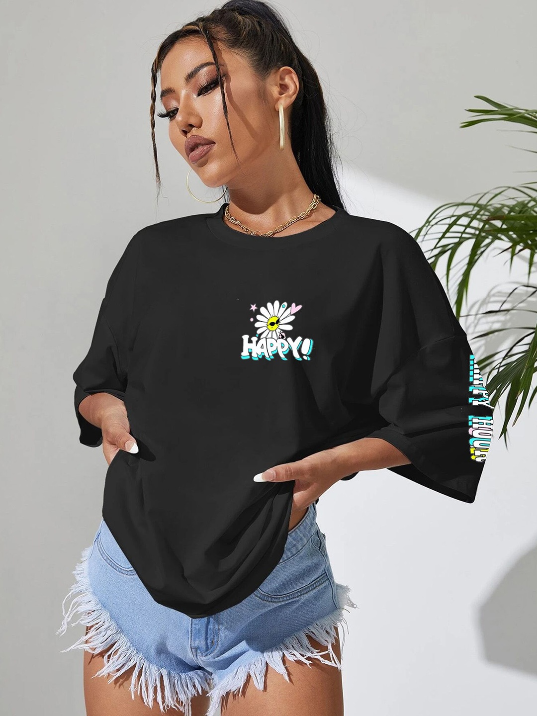 

TABADTOD Women Floral Printed Oversized T-shirt, Black