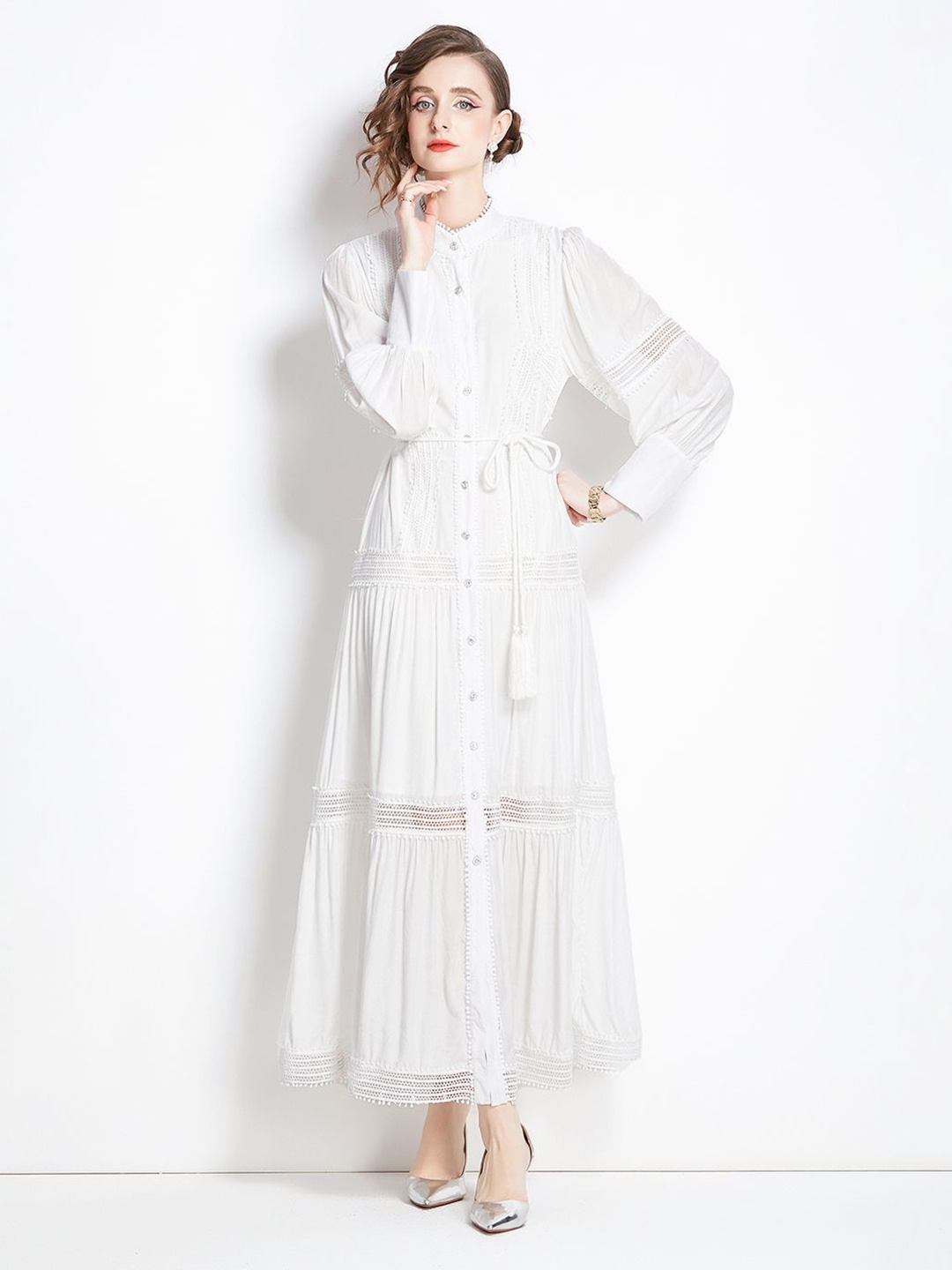 

JC Collection Self Design Cuffed Sleeves Midi Dress, White