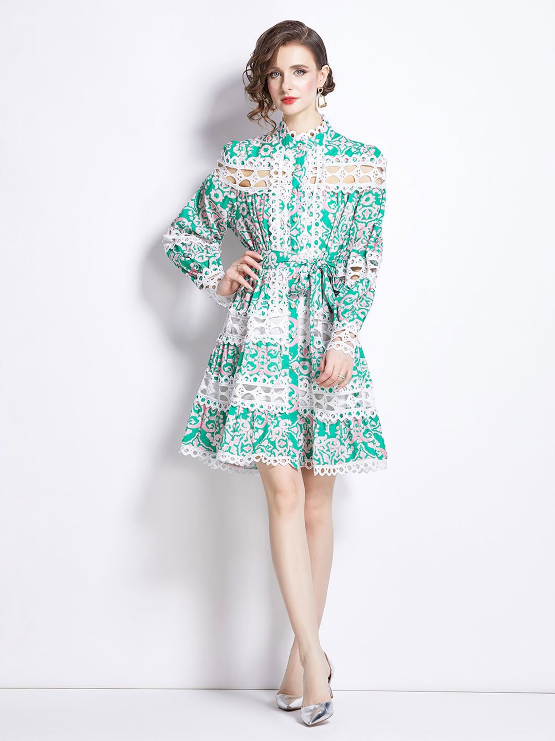

JC Collection Printed Cuffed Sleeves Belted Schiffli Fit & Flare Dress, Green