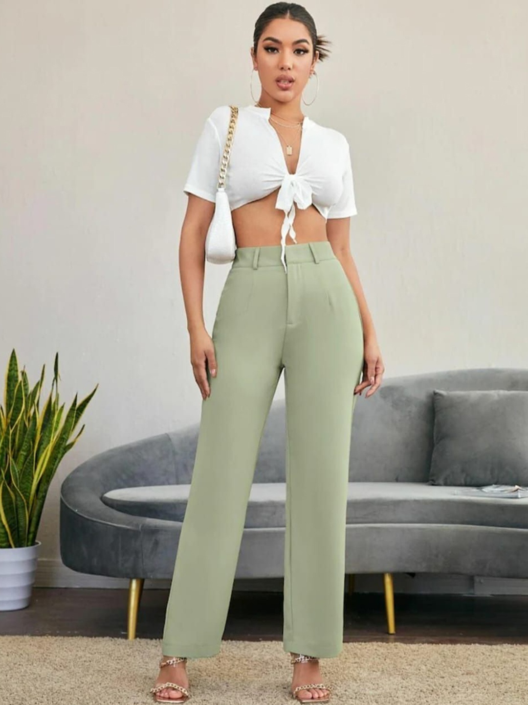 

BROADSTAR Women Smart Straight Fit High-Rise Easy Wash Trousers, Green