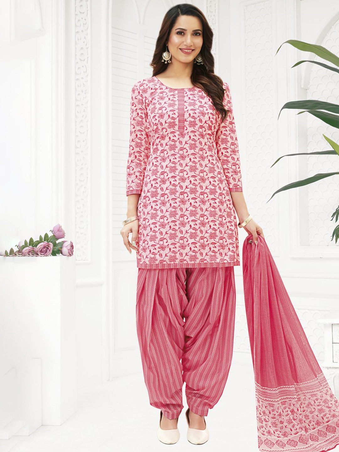 

MIRAAN Floral Printed Pure Cotton Unstitched Dress Material, Pink