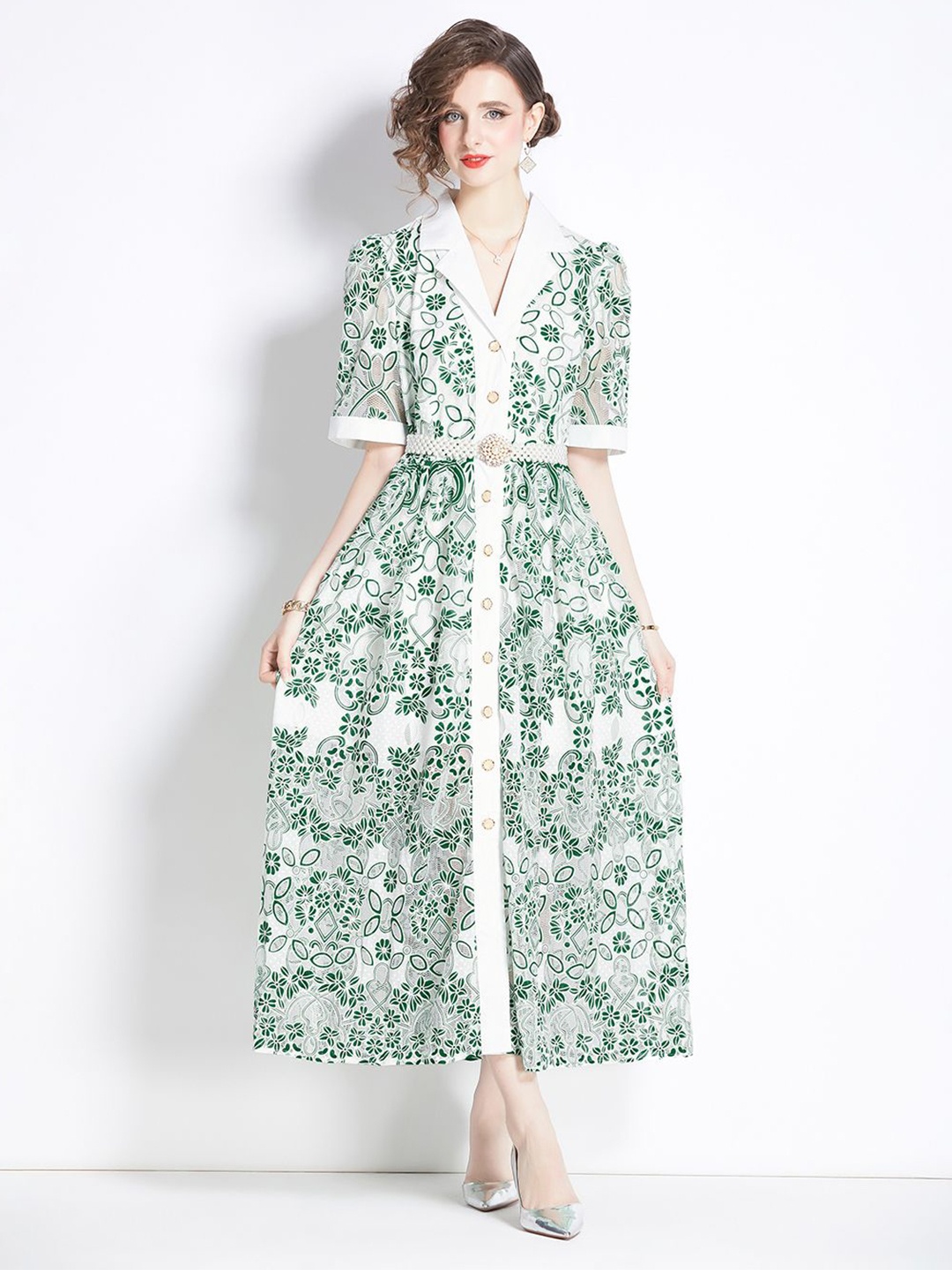 

JC Collection Floral Printed Short Sleeves A-Line Maxi Dress, Green