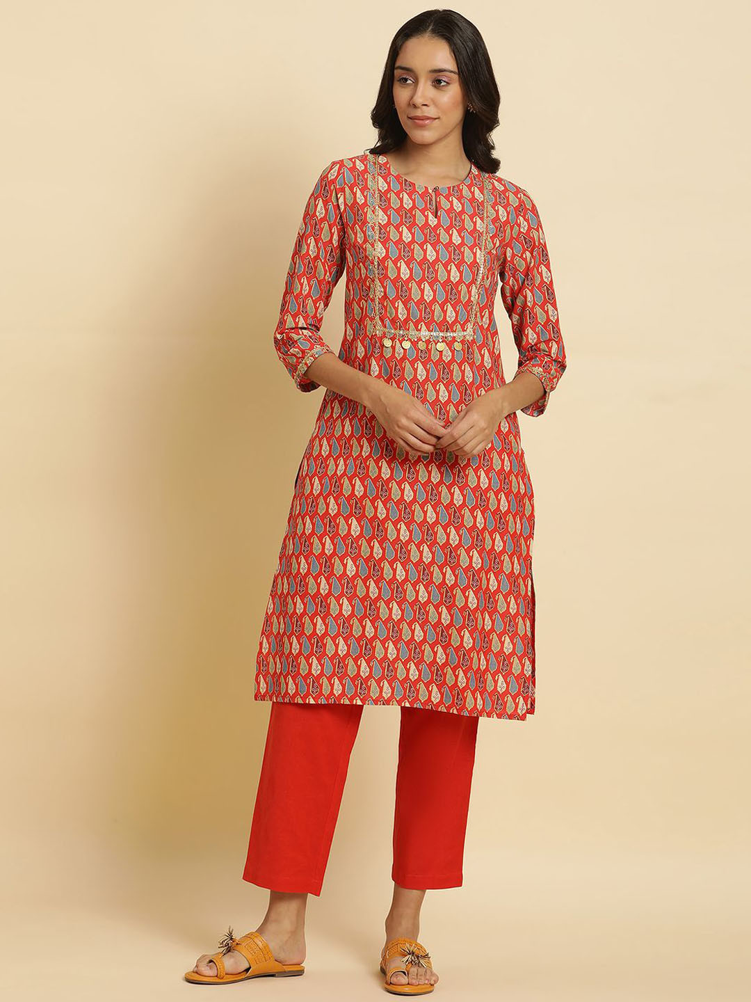 

W Ethnic Motifs Printed Keyhole Neck Sequinned Straight Kurta, Orange