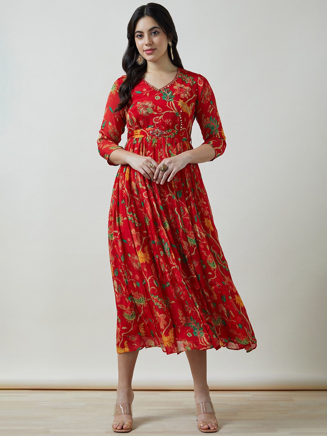 

Soch Women Chinon Botanical Print Dress With Mirror & Cutdana, Red