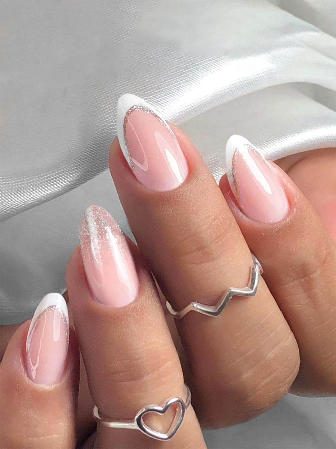 

Secret Lives 24-Pcs Glossy Silver Glitter With Tips Design Nail Art - Light Pink & White
