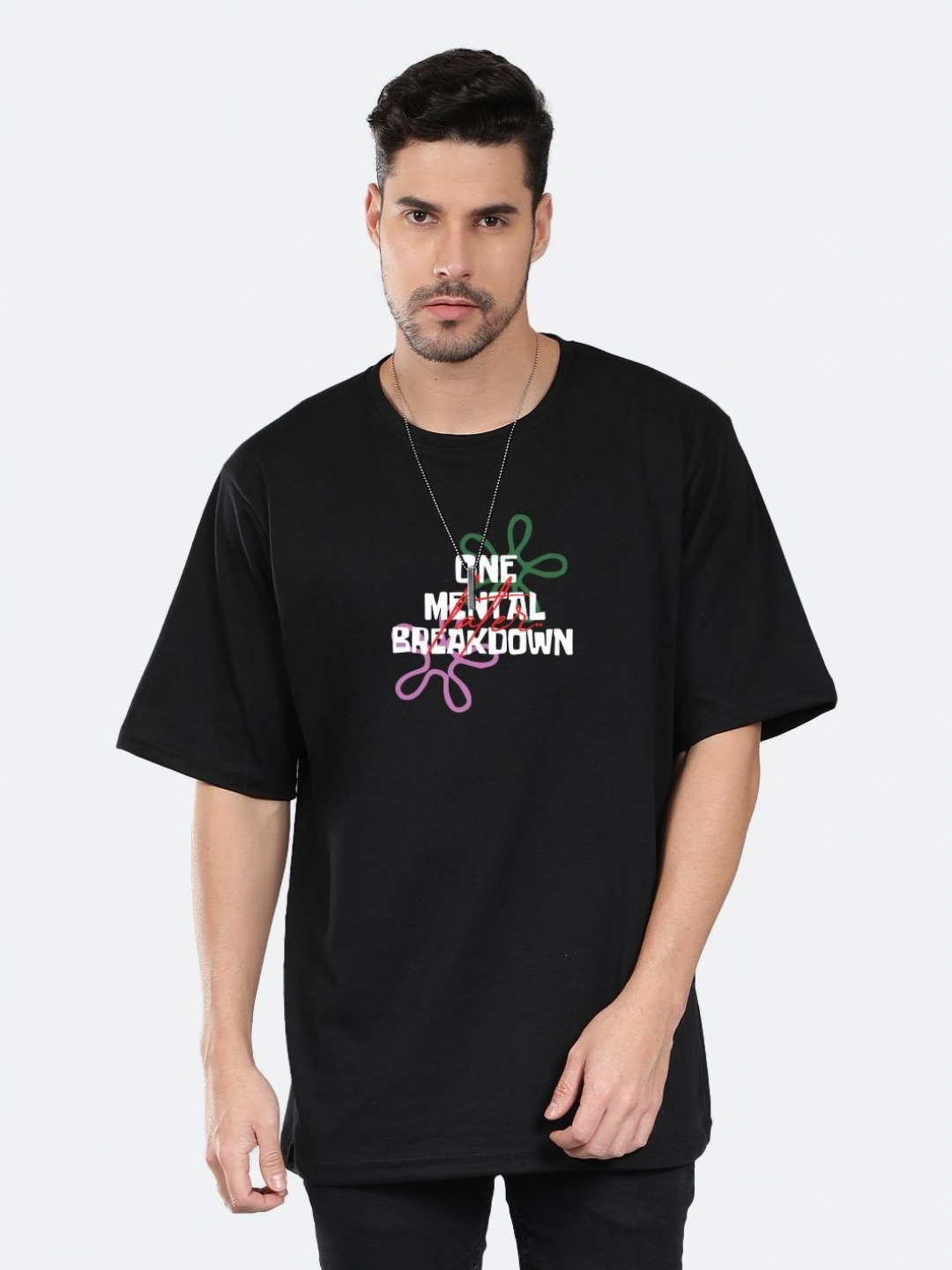 

Mad Over Print Men Typography Printed Round Neck Cotton Oversized T-shirt, Black