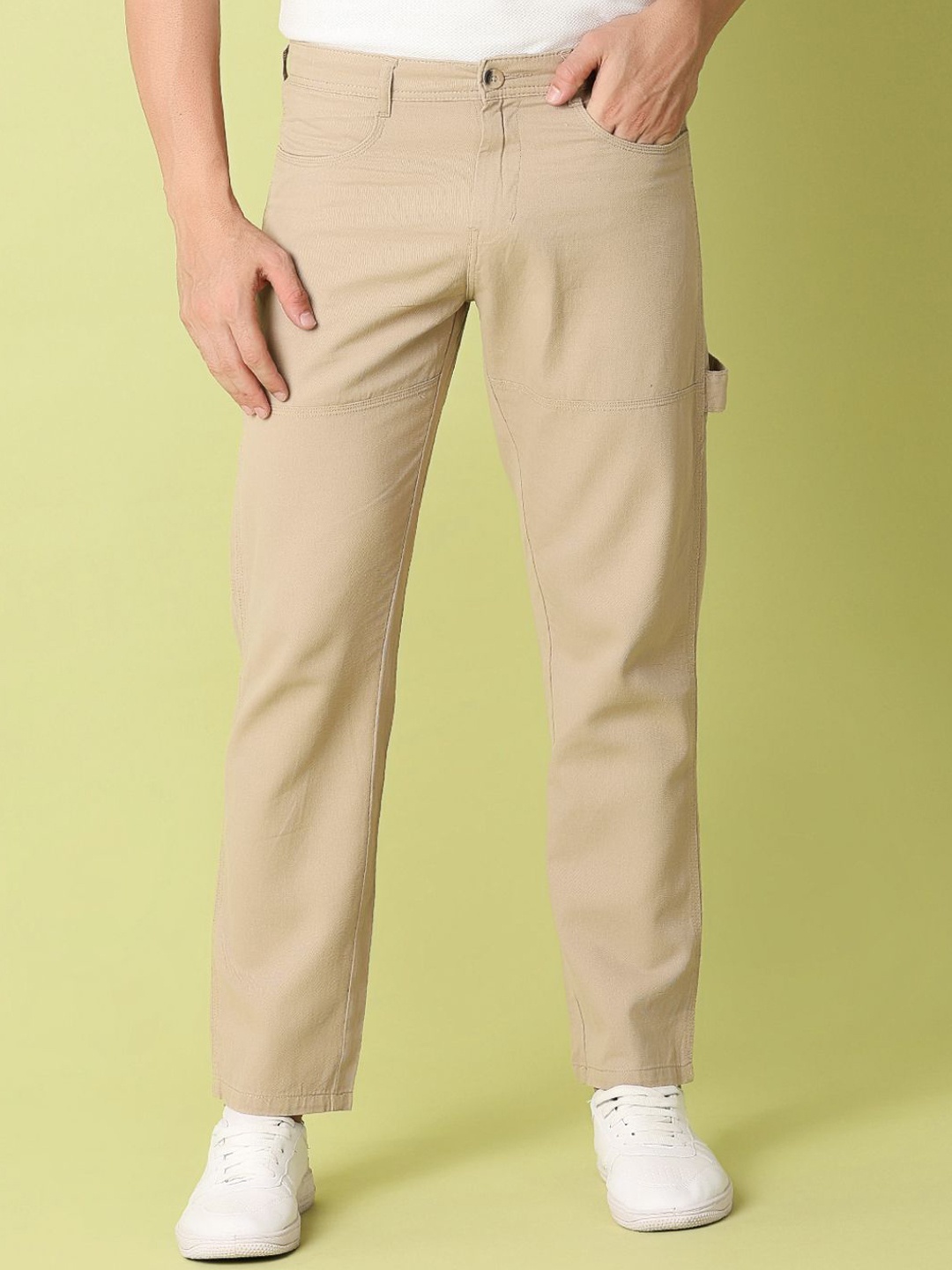 

V-Mart Men Striped Cotton Mid-Rise Classic Easy Wash Cargo Trousers, Cream