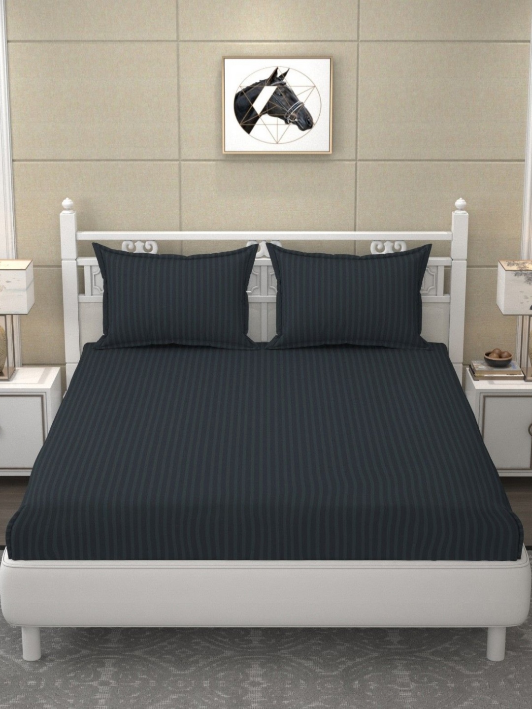 

RIDHAAN Charcoal Striped 210 TC Satin King Bedsheet with 2 Pillow Covers
