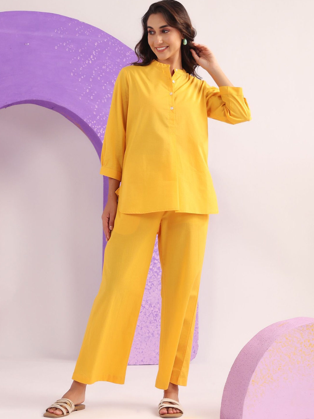 

JISORA Band Collar Pure Cotton Top With Trouser, Yellow