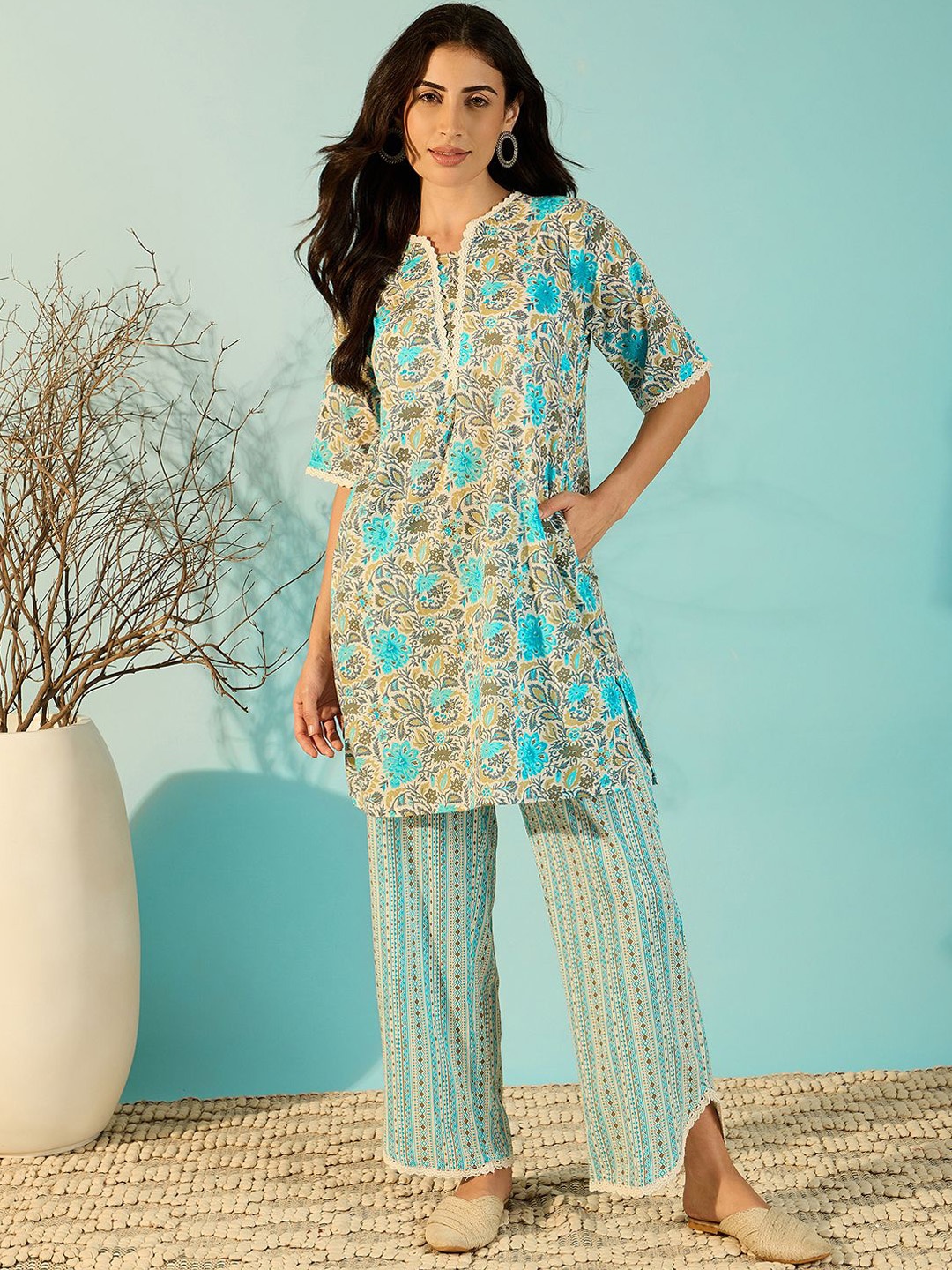 

The Kaftan Company Printed Pure Cotton Three Quarter Sleeve Tunic & Trouser Co-Ords, Blue