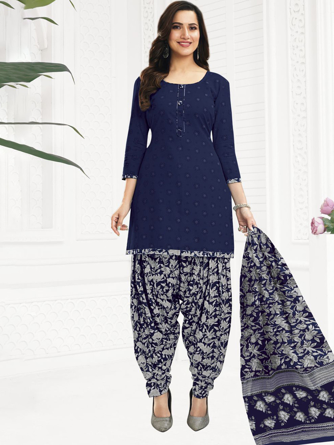 

MIRAAN Printed Pure Cotton Unstitched Dress Material, Navy blue