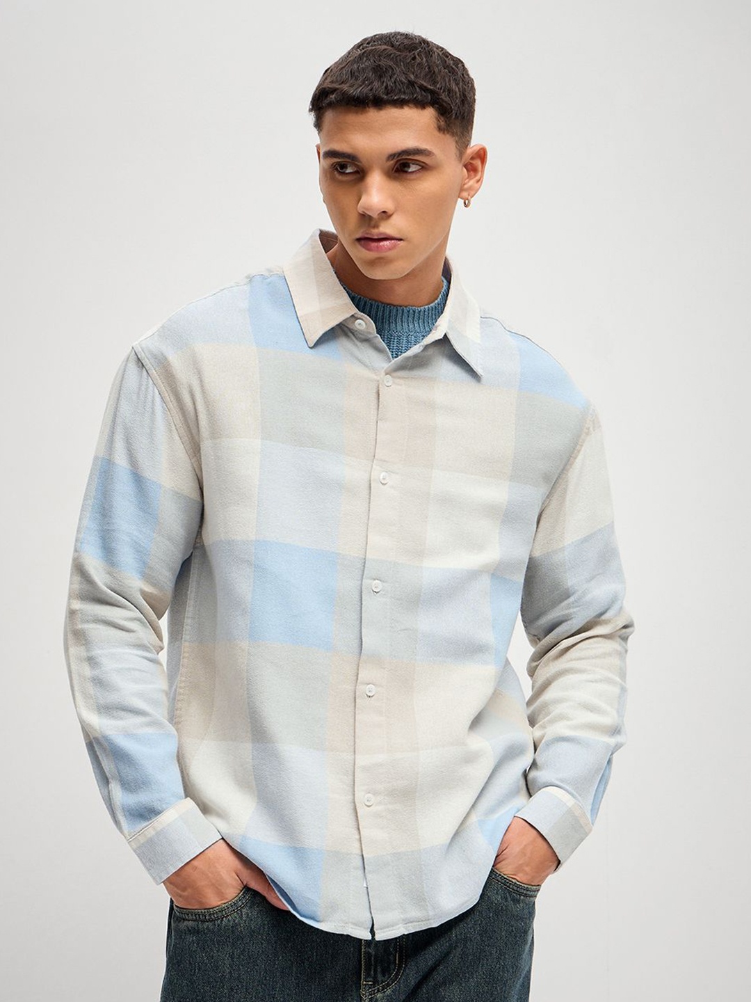 

THE BEAR HOUSE Men Checked Slim Fit Cotton Oversized Casual Shirt, White