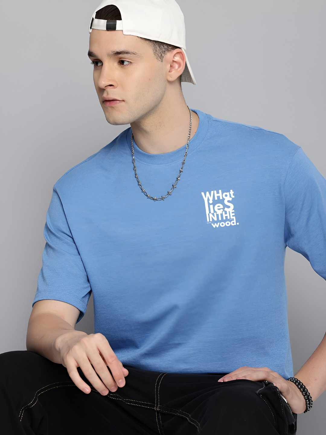 

R.Code by The Roadster Life Co. Men Solid Round Neck Cotton Oversized T-shirt, Blue