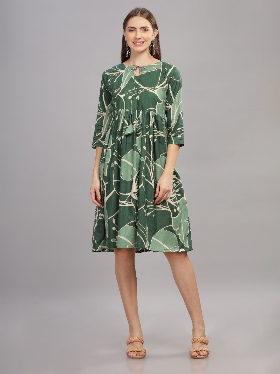 

THE VASILIKI Printed Tie-Up Neck Cotton A-Line Dress, Green