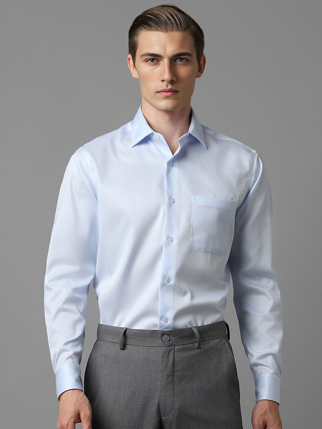 

Louis Philippe Men Classic Spread Collar Solid Cotton Formal Shirt, Blue