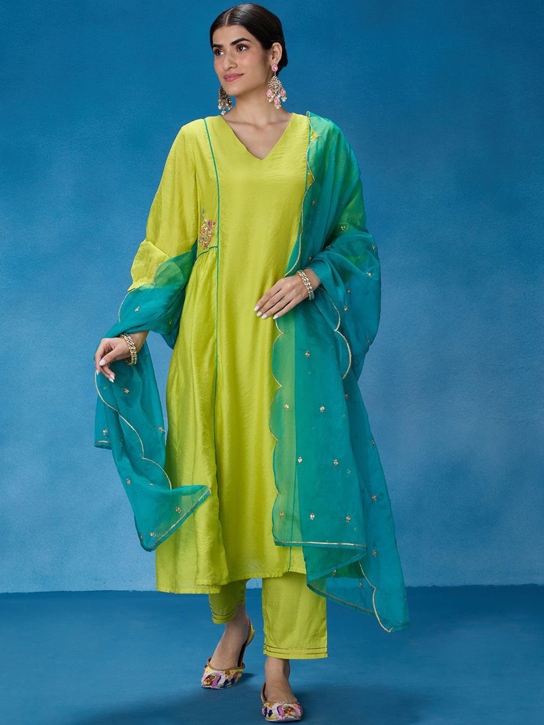 

Likha A-Line Kurta with Trousers & Dupatta, Lime green