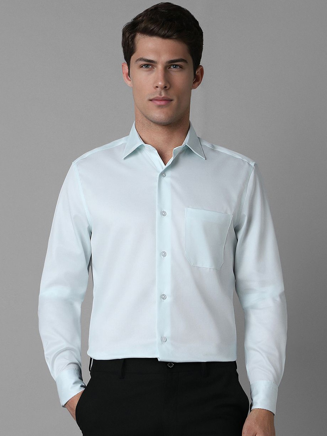 

Louis Philippe Men Classic Spread Collar Solid Cotton Formal Shirt, Blue
